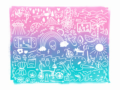 These Are A Few Of My Favorite Things alien artwork cat children book illustration color color palette design fade fine art illustration moon nature ombre pink purple rainbow roll stationery design sun turquoise video games