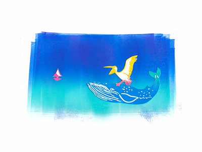 Whale Boat artwork bird block printing blue boat children book illustration color color palette design fade fine art illustration nautical ombre pelican rainbow roll stationery design turquoise whale yellow