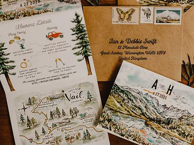 Colorado Wedding Stationery colorado illustration custom art educational illustration evergreens gouache illustrated map ink jeep mountains painting of vail portland illustrator spot illustrations stationery surface design timeline topography trees vail map watercolor woodlands