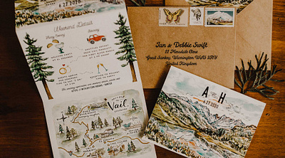 Colorado Wedding Stationery colorado illustration custom art educational illustration evergreens gouache illustrated map ink jeep mountains painting of vail portland illustrator spot illustrations stationery surface design timeline topography trees vail map watercolor woodlands