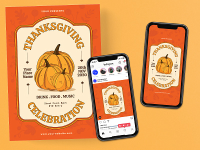 Thanksgiving Celebration Flyer Instagram Post Story Set ads celebration design falls flyer instagram instagram post instagram stories instagram story lettering logo party poster retro social media template thanksgiving thanksgiving day vintage