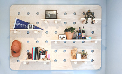 Zoom Room Oversized Pegboard custom design desk minimal office pegboard setup shelf wood workspace zoom