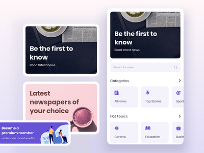 My stories screen articles banner categories clean cleanui design homescreen hot topic interface minimal mobile mobile app design mobile ui news newsapp newspaper search uiux ux visual design