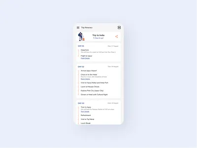 Daily UI 079 Itinerary android app design app ui app ui ux daily ui daily ui 079 dailyui079 design holiday travel itinerary mobile ui travel app travel design trip planner ui design ui ux design uiux