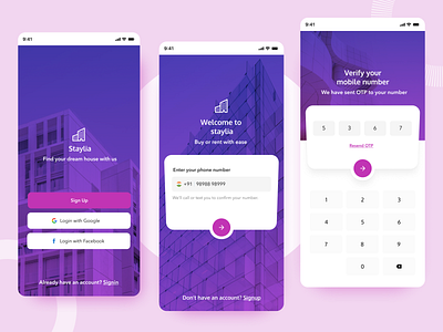 Staylia - Real estate portal app (login flow) colors design figma mobile app mobile app design mobile ui property property management real estate realestate ui ux