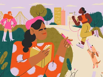 woman's world 👯‍♀️ character character design city girl illustration landscape nature outside park plants running sisterhood women