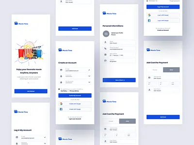 Movie Time - Log in & Account Create Profile Process 1s screen account actor add card cinema create download information kit log in master card paypal profile sign in sign up ui ui8 upload