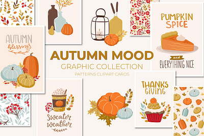 Autumn Mood Patterns&Clipart Bundle art autumn autumn collection autumn flyer autumn leaves autumn party background clipart clipart bundle clipart element design floral flowers illustration mood moodboard pattern patterns vector watercolor