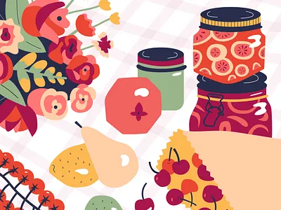 Still Life with Fruit canning flowers fruit illustration jars lemon plaid stilllife tomato