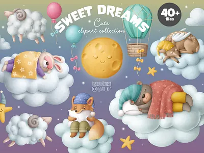 Sweet Dreams Clipart Collection animal animals baby shower background clipart cliparts collection collections design designer graphic design illustraion illustration illustration art illustration design illustrations images invitation invitations postcards