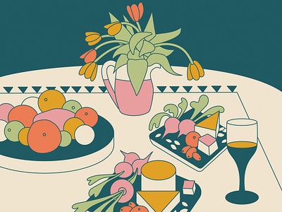 Charcuterie Board beets charcuterie cheese digital illustration fruit illustration radishes still life tulips wine