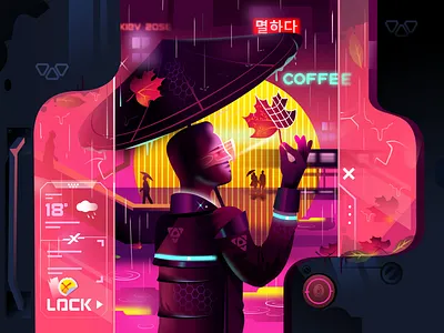 Cyberpunk autumn art artwork autumn characterdesign cupdesign cybercity cyberpunk design drawing future illustration interctive poster poster art scifi techno technology typography umbrella vector