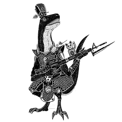 Raptor ancient ancient china armor asian blackandwhite chinese design digital digital illustration dinosaur drawing gun illustration manekineko random weird