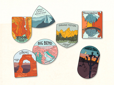 National Parks Stickers arches badges big bend design grand teton great smoky mountains illustration illustrator joshua tree national parks retro stickers vintage yosemite zion