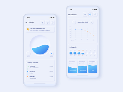 Water Balance Application app buttons design graphic interaction interface ios mobile app neomorphism product ui ux
