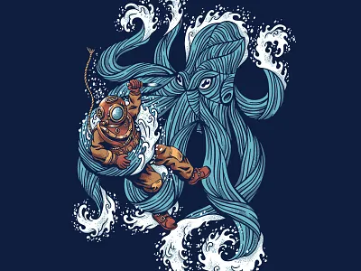 Under Pressure animals art beach illustration japanese nature ocean octopus scuba diver shirt summer threadless waves