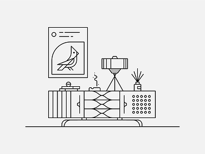 Work From Home Warmup bird black console credenza dresser geometry illustration illustrator lamp line minimal retro sideboard stroke vignette warmup white