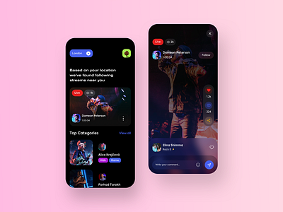 Live Streaming App Concept app dark design game iphonex live minimal mobile music product design streaming trending twitch ui uidesign userinterface uxui video streaming