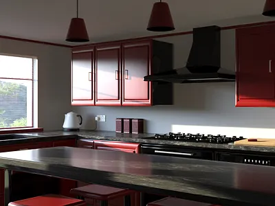 The Red Kitchen 3d 3d scene 3dscene 3dsmax architecture archviz arnold arnold renderer digital 3d fridge interior interior design lighting stool table