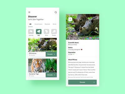 Donation collector app animals app design donations flat minimal app design minimalist rhinoceros ui ui ux uidesign uiux ux ui