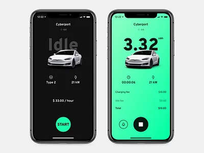 EV charging app for oneCharge app car charge clean electric ev flat interface minimal mobile tesla transport ui ux vehicle