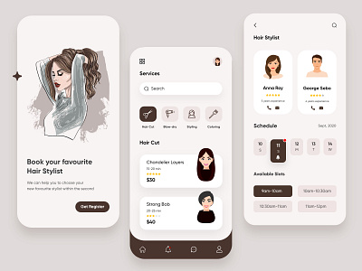 Hair Stylist Mobile App-UX/UI Design adobe xd clean concept creative design 2020 dubai designer hairstylist illustration illustrations minimal mobile app mobile ui mobileapplication mobileui modernui productdesign salon trending uxui uxuidesign