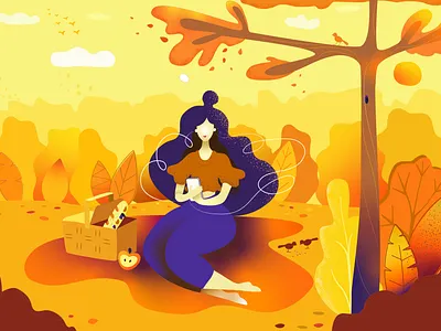Warm autumn 🍁 decorative design enjoy flat illustration in the park picnic vector weekend