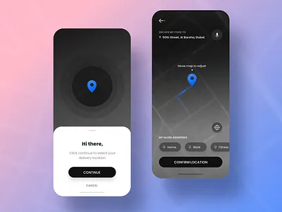Location intelligence for a food app app app design clean dark ui designworkshop food food and drink food app food delivery gps location map mobile ui product ui ui ux uiux voice