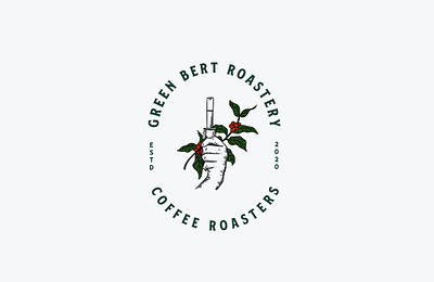 Green Bert Roastery Logo adobe illustrator brand identity branding business coffee coffeeshop drawing emblem green hand drawn illustration leaves logo retro roaster typography vector vintage