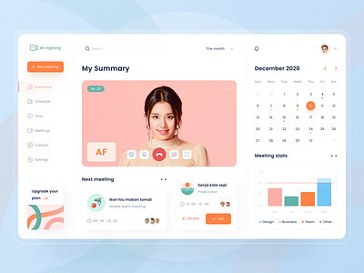 Wangkong - Online Meeting Web App app calendar clean dashboad design icon illustration landing page logo meeting modern orange pattern schedule statistics ui ux video web app website