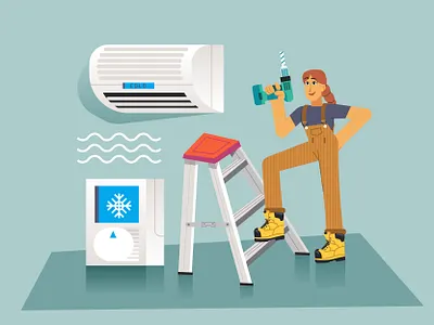 Air Conditiong ❄️ ac air conditioner boots character design characterdesign cold design drill flat girl girl character girl illustration graphic illustration ilustracion lader modern renovations vector woman