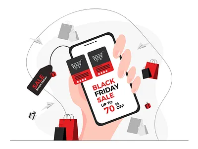 Black Friday flat design with fun online shopping app banner black friday branding colors concept design flat flat design flat illustration flatdesign hand illustraion minimal sale sales smartphone