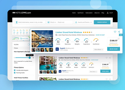 HotelGyms - Hotel Listing clean design filters gym holiday booking holiday cards hotel booking hotel booking app hotel list hotel search icons listing listings material minimal modern room booking ui ux weather