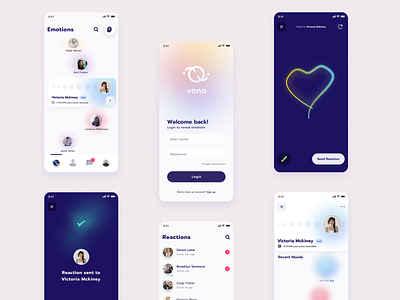 Vono - Emotion App app application cards clean connection design emotion emotions gradient gradients interface mobile mobile app product social socialmedia technology ui user ux