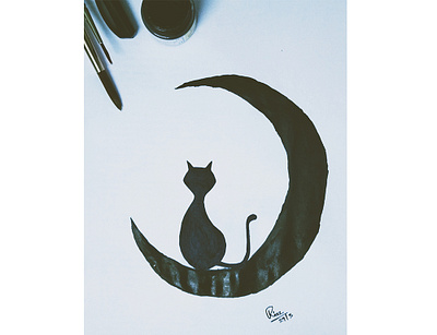 Cat on the Moon! black blackandwhite cat cats minimal moon night mood paint