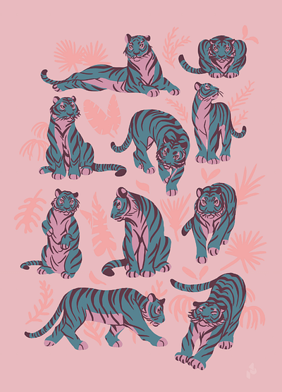 Blue Tigers on Pink big cats blue design flat graphic art illustration pattern pattern art pink print stripes tiger tropical leaves wild cat