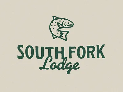South Fork Lodge angler branding fish fishing fly fishing icon lodge logo logo design logotype mark outdoors script trout word mark