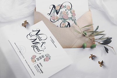 M&N wedding Card calligraphy flowers monogram monogram logo wedding wedding invite