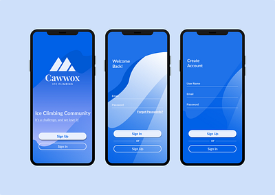 Cawwox - Ice Climbing Community app blue dailyui design flat graphics illustration ice interface ios log in log in page minimal mobile sign up sketch snow sport sports design ui ux vector