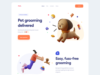 Pet Grooming on Demand Landing Hero - #VisualExploration 3d 3d illustration app bold card clean colorful fun header header illustration hero homepage illustration landing page ui ux web web app web design website