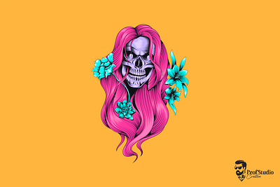 Beautiful Skull Premuim Vector beautiful cyan design fashion girl graphic hair horror illustration mask model pink portrait print skull t shirt tattoo vintage woman young