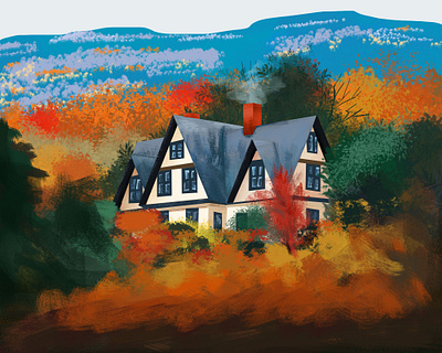 house illustration autumn design forest house illustration illustration art illustrations landscape mountain tree