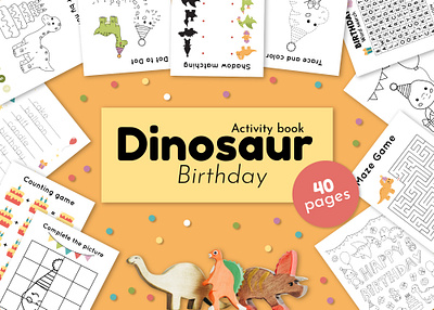 Dinosaur Birthday activity book for kids activity adobe illustrator birthday book cartoon children coloring coloring page crossword design dinosaur illustration labyritnh maze party printable worksheet