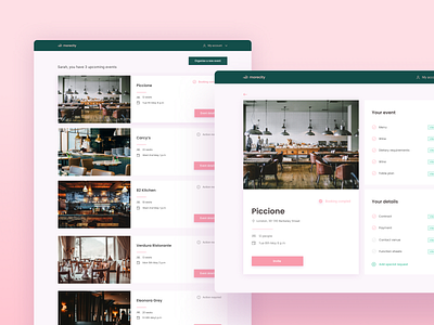 The Intelligent Business Dinner Advisor account booking booking platform busness event dashboard design emerald restaurant rose gold ui user account venue