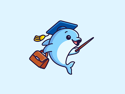 Dolphin Teacher adorable bag character children cute dolphin fish friendly graduation hat illustration job kids learning lecturer mascot mentor school simple teacher teaching