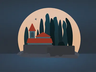 Isle of the Dead balkans church cypress graveyard illustration island islands kotor monastery montenegro night noise sun sunset travel
