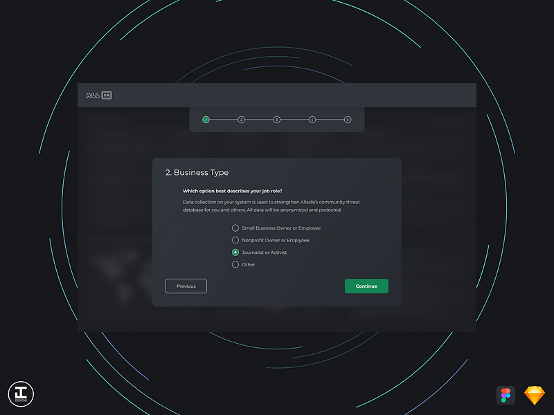 Apps 4 Digital Peace - Allsafe - Onboarding Experience app cyber cyber security cybersecurity dark dark mode dark theme dark ui design design inspiration form forms onboarding security security app tech technology ui united nations ux