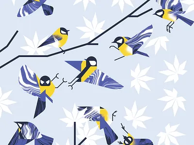Finches sparring in Winter animal bird blue character design fight fly illustration illustrator texture vector winter yellow