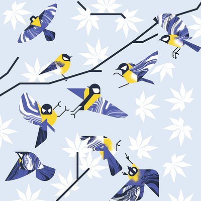 Finches sparring in Winter animal bird blue character design fight fly illustration illustrator texture vector winter yellow