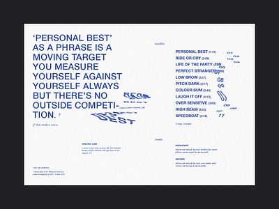 personal best blue booklet editorial editorial design layout layout design liner notes music music design scanner scanner art tracklist type typography